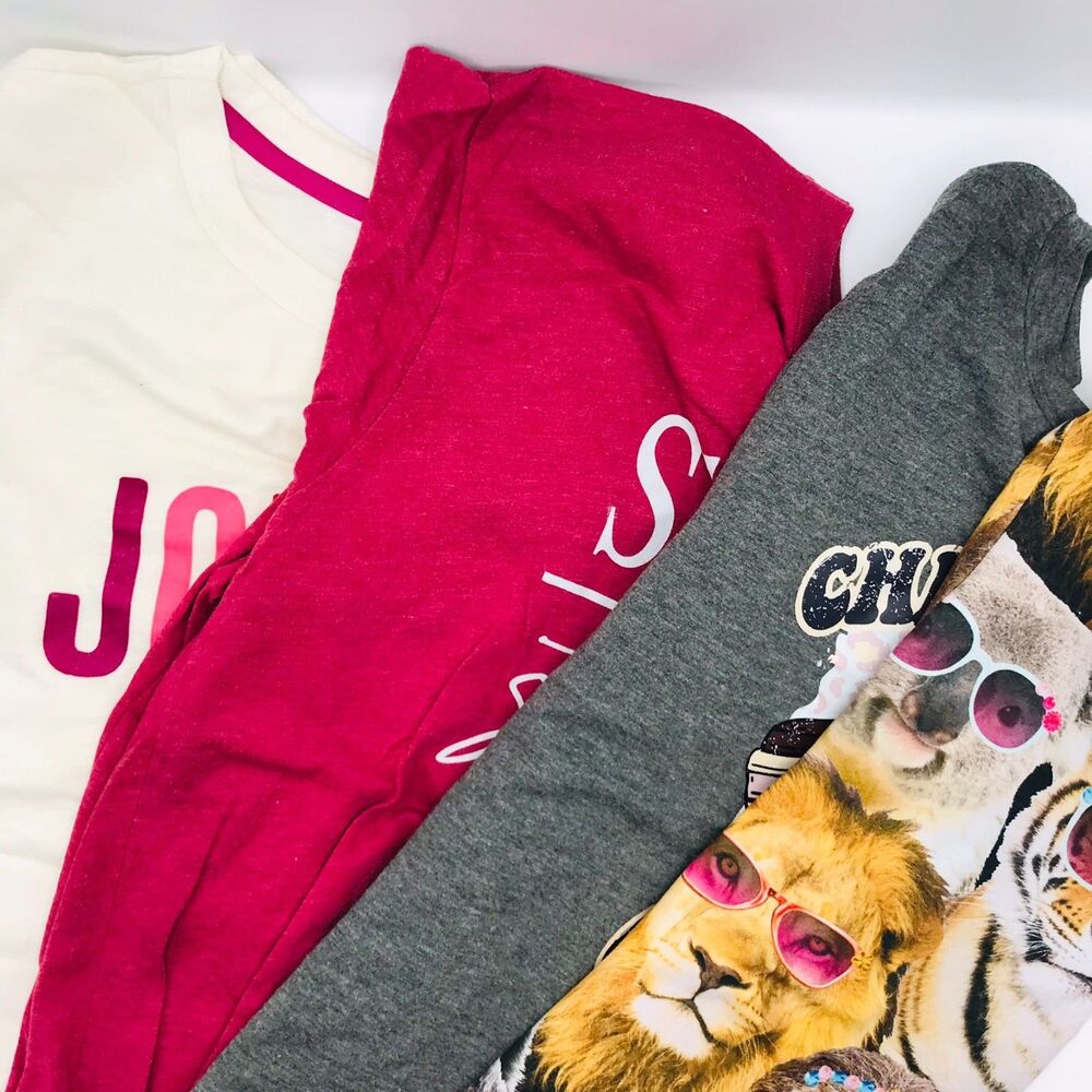 Lot of 4 T-Shirts Chickens, Coffee, Animals, Spiritual, Joyful Womens Size M